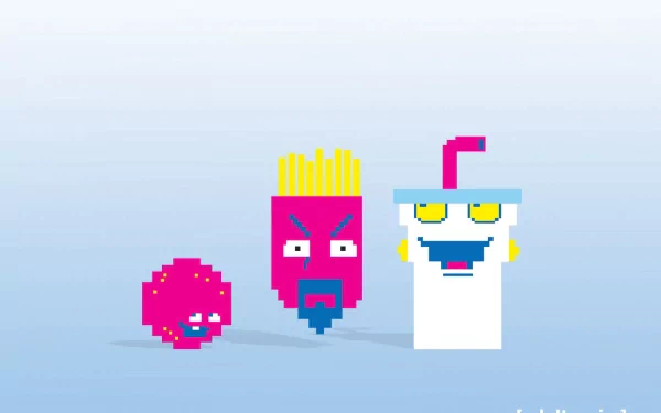 Pixel art of Aqua Teen Hunger Force characters Frylock, Master Shake, and Meatwad on a light blue background, designed as an HD PC desktop wallpaper.