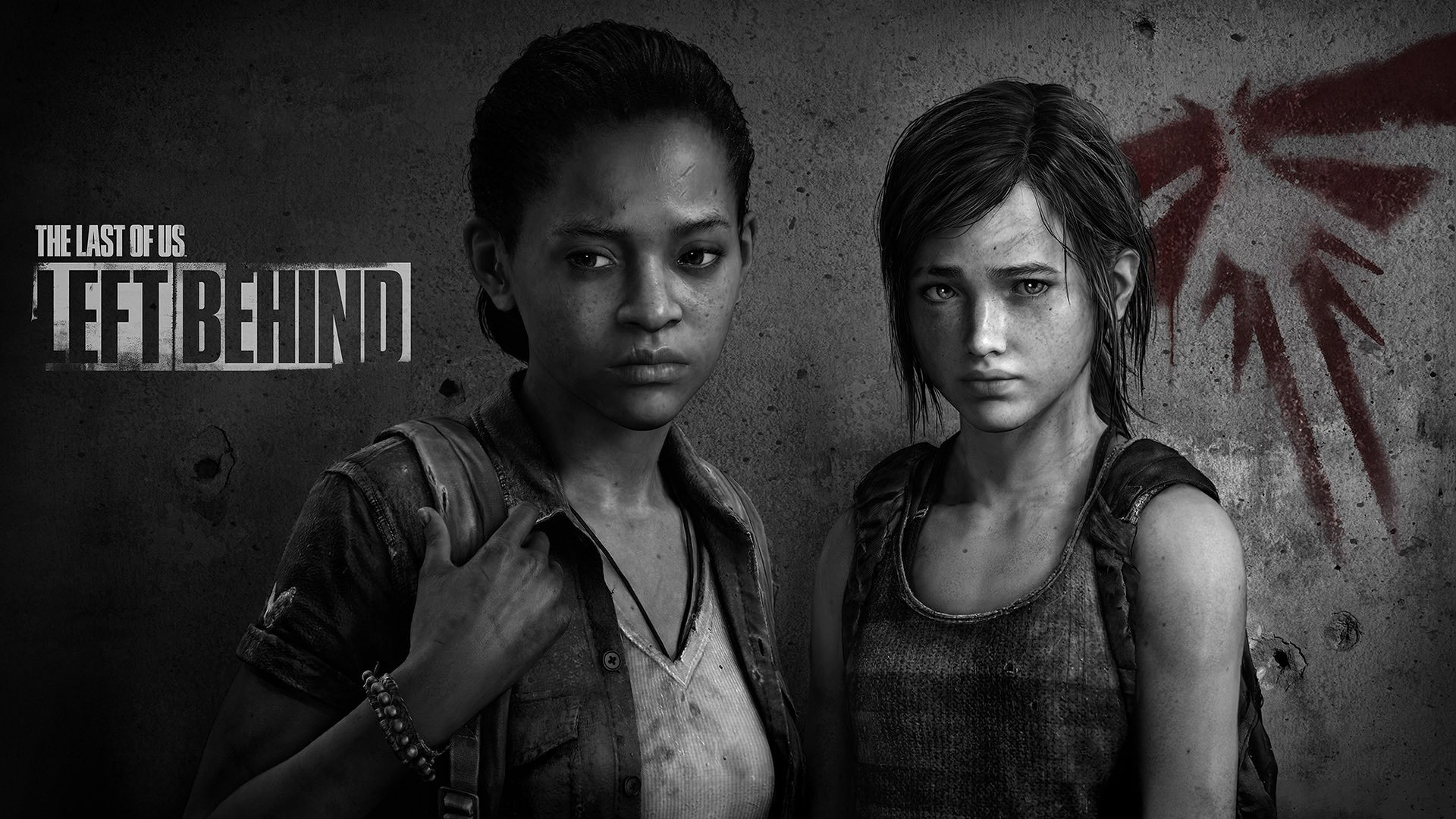 A striking black-and-white HD wallpaper from The Last Of Us, featuring two main characters against a textured backdrop and a graffiti-inspired logo, capturing the game's intense atmosphere.