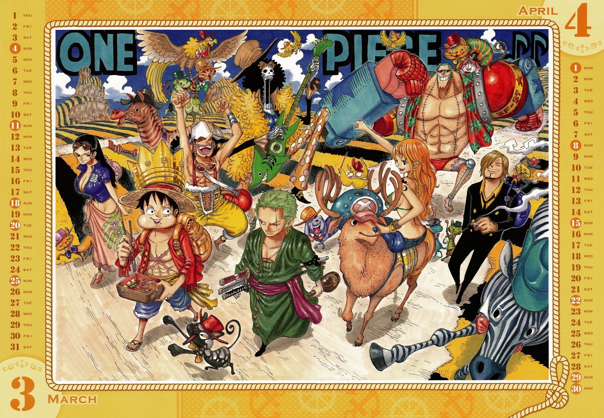 A vibrant HD wallpaper featuring iconic One Piece characters: Luffy, Zoro, Nami, Robin, Franky, Sanji, and Chopper, set against a colorful background of adventure and camaraderie.