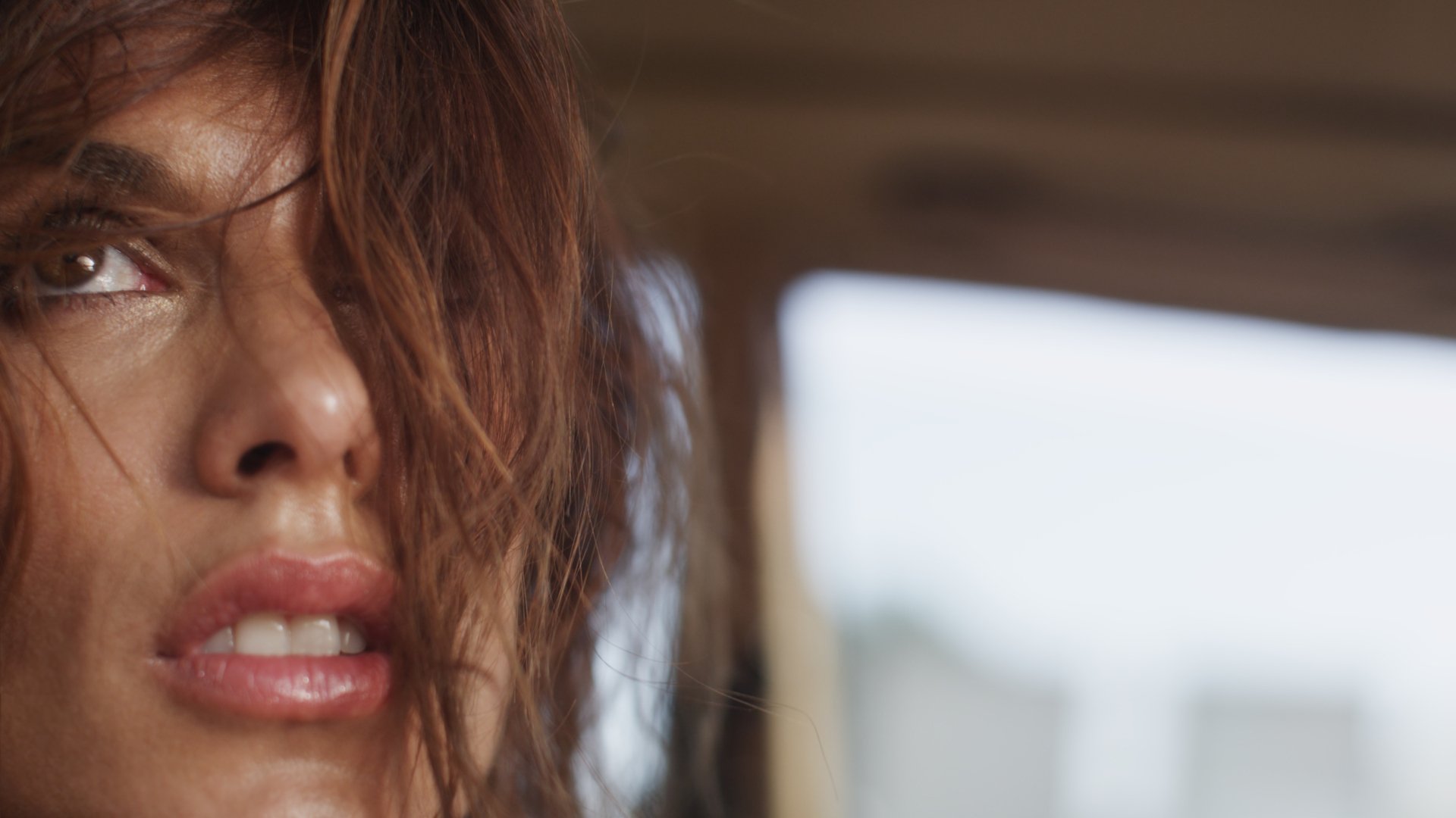 Close-up of Italian actress and celebrity Elisabetta Canalis with tousled hair, captured in a 4K Ultra HD desktop wallpaper background.