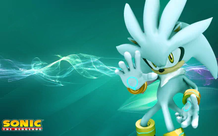 HD wallpaper featuring Silver the Hedgehog from Sonic the Hedgehog (2006), showcasing his sleek design against a dynamic green background with flowing patterns.