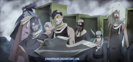 HD desktop wallpaper featuring Zabuza Momochi and his companions from the anime Naruto, showcasing a dramatic scene with intense expressions and dynamic poses.