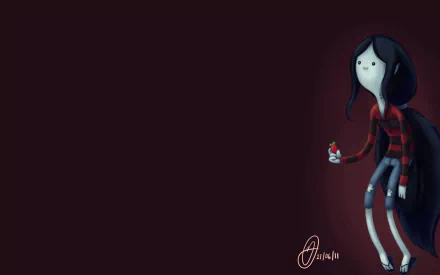 Marceline from *Adventure Time* stands with a slightly mischievous expression, holding a red item, set against a dark background, presented as an HD desktop wallpaper.