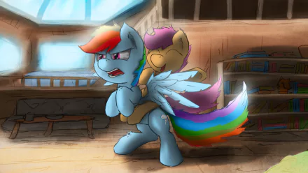 Scootaloo clings to Rainbow Dash in a cozy setting, showcasing their friendship from *My Little Pony: Friendship Is Magic*. This vibrant HD wallpaper captures their adventurous spirit.