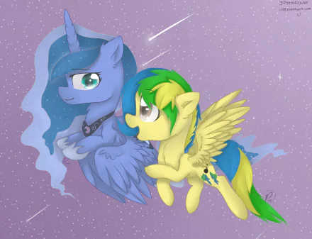 HD desktop wallpaper featuring Princess Luna and a green-and-yellow Pegasus from My Little Pony: Friendship Is Magic against a starry purple sky.