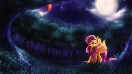 HD wallpaper featuring Fluttershy from My Little Pony: Friendship Is Magic, set under a moonlit sky with vibrant greenery and an apple hanging in the background.