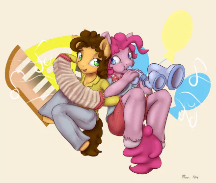 HD desktop wallpaper featuring Cheese Sandwich and Pinkie Pie from My Little Pony: Friendship Is Magic playing musical instruments against a colorful, festive background.