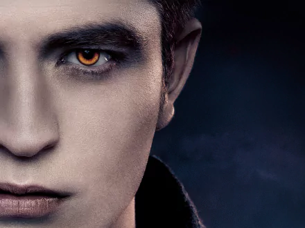 Close-up of Edward Cullen, portrayed by Robert Pattinson in The Twilight Saga: Breaking Dawn - Part 2, highlighting his piercing gaze and vampiric features against a dark background.