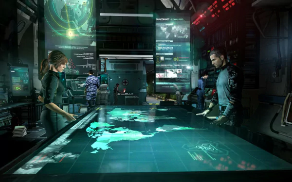 HD PC desktop wallpaper featuring Sam Fisher and team strategizing around a digital map in Tom Clancy's Splinter Cell: Blacklist video game setting.
