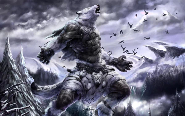 A dramatic HD wallpaper of a dark werewolf howling in a snowy landscape, surrounded by flying birds against a moody, cloudy sky.