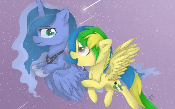 HD desktop wallpaper featuring Princess Luna and a green-and-yellow Pegasus from My Little Pony: Friendship Is Magic against a starry purple sky.