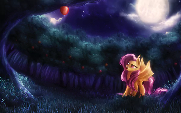 HD wallpaper featuring Fluttershy from My Little Pony: Friendship Is Magic, set under a moonlit sky with vibrant greenery and an apple hanging in the background.