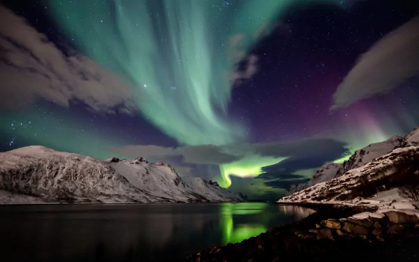 A stunning HD image of the aurora borealis illuminating the night sky over snow-capped mountains and a reflective lake, showcasing the beauty of nature.