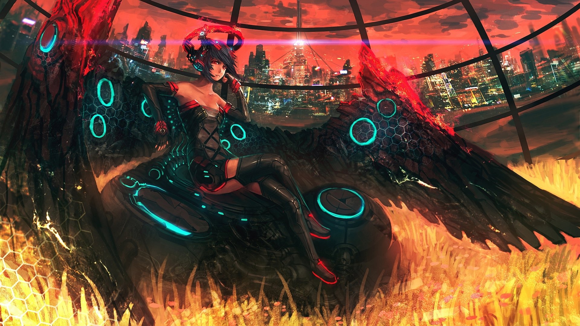 HD sci-fi desktop wallpaper featuring a futuristic woman with cybernetic wings against a glowing cityscape and fiery foreground.