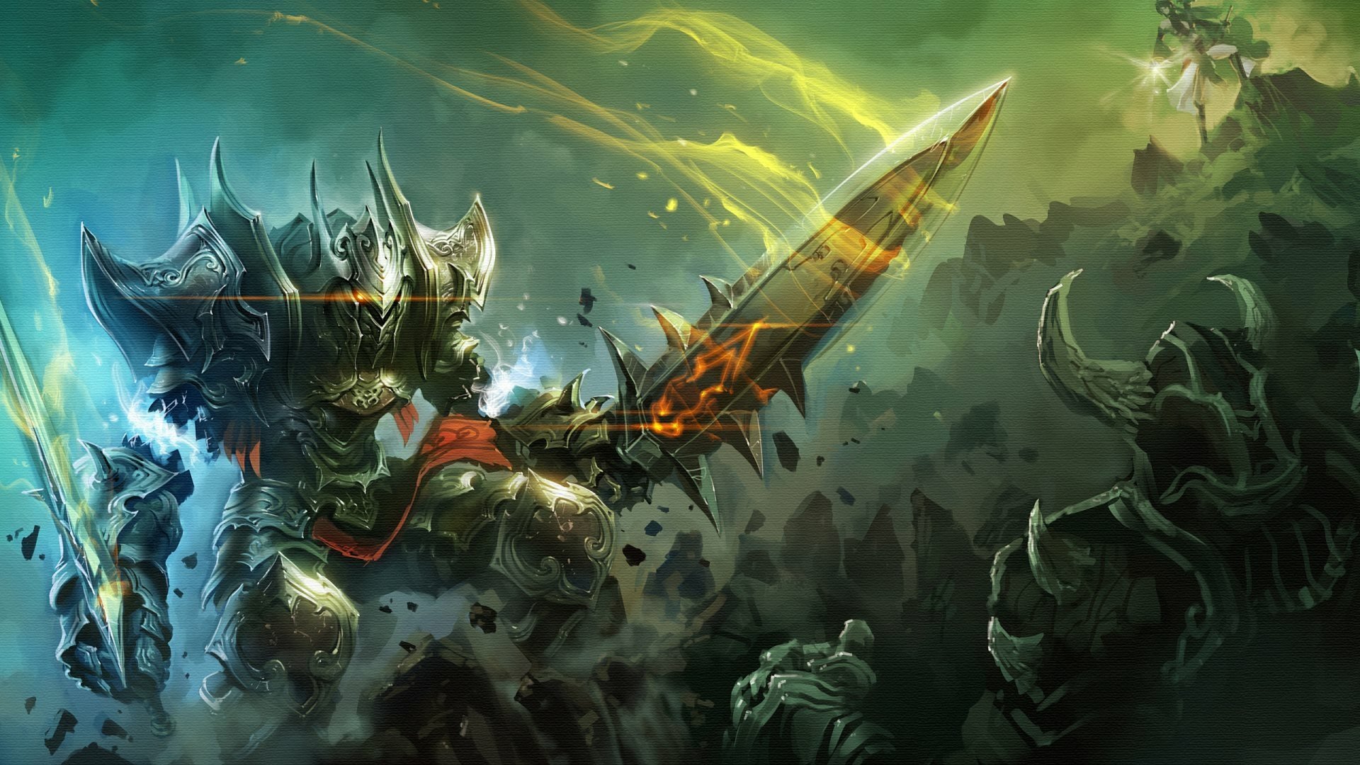 HD PC desktop wallpaper from the video game World of Legend, featuring a fierce armored warrior wielding a glowing sword amidst a dark, chaotic battlefield.