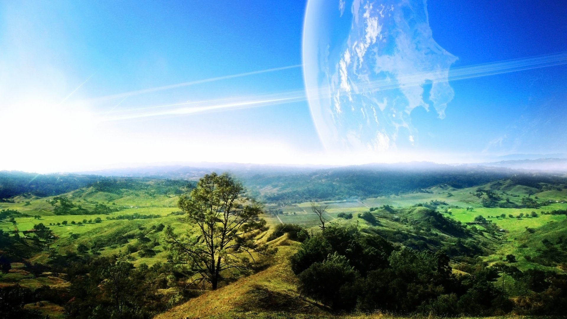 A stunning sci-fi landscape featuring a vibrant planet rising above lush greenery, capturing a serene moment in a 4K Ultra HD desktop wallpaper.