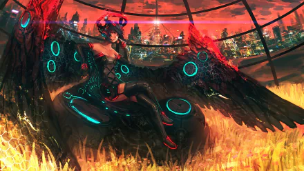 HD sci-fi desktop wallpaper featuring a futuristic woman with cybernetic wings against a glowing cityscape and fiery foreground.