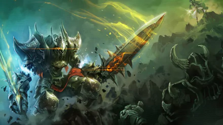 HD PC desktop wallpaper from the video game World of Legend, featuring a fierce armored warrior wielding a glowing sword amidst a dark, chaotic battlefield.