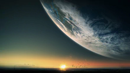 HD desktop wallpaper featuring a sci-fi scene with a large, curved planet horizon over a sunset and floating debris in space.