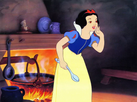 HD PC desktop wallpaper featuring Snow White from the movie Snow White and the Seven Dwarfs, standing near a fireplace with a spoon in hand.
