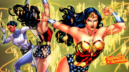 HD comic-style Wonder Woman wallpaper featuring dynamic action poses with vibrant colors, designed as a striking PC desktop background.