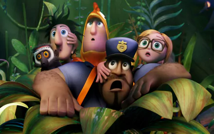 A scene from Cloudy With A Chance Of Meatballs 2 featuring Flint Lockwood, Sam Sparks, Earl Devereaux, Brent McHale, and an owl, surrounded by lush greenery and vibrant foliage.