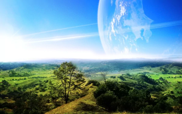 A stunning sci-fi landscape featuring a vibrant planet rising above lush greenery, capturing a serene moment in a 4K Ultra HD desktop wallpaper.