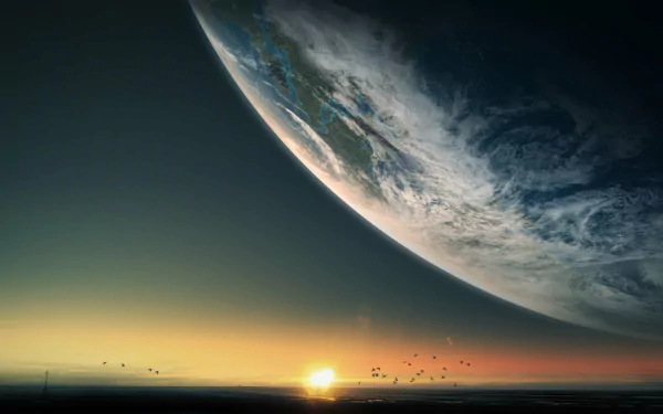HD desktop wallpaper featuring a sci-fi scene with a large, curved planet horizon over a sunset and floating debris in space.