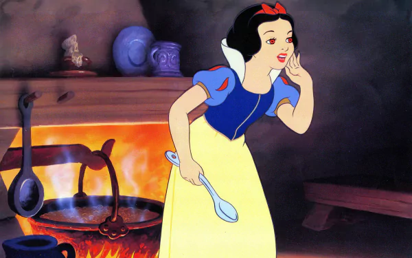 HD PC desktop wallpaper featuring Snow White from the movie Snow White and the Seven Dwarfs, standing near a fireplace with a spoon in hand.