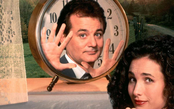HD wallpaper featuring Bill Murray and Andie MacDowell from Groundhog Day, with Murray behind a clock and MacDowell alongside.