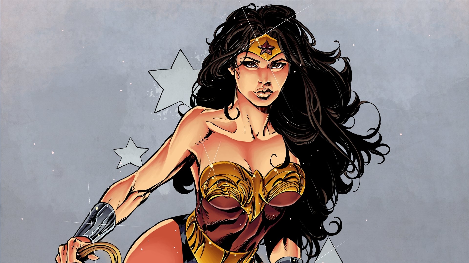 HD comic-style Wonder Woman artwork featuring her in iconic armor with flowing black hair, designed as a dynamic PC desktop wallpaper and background.