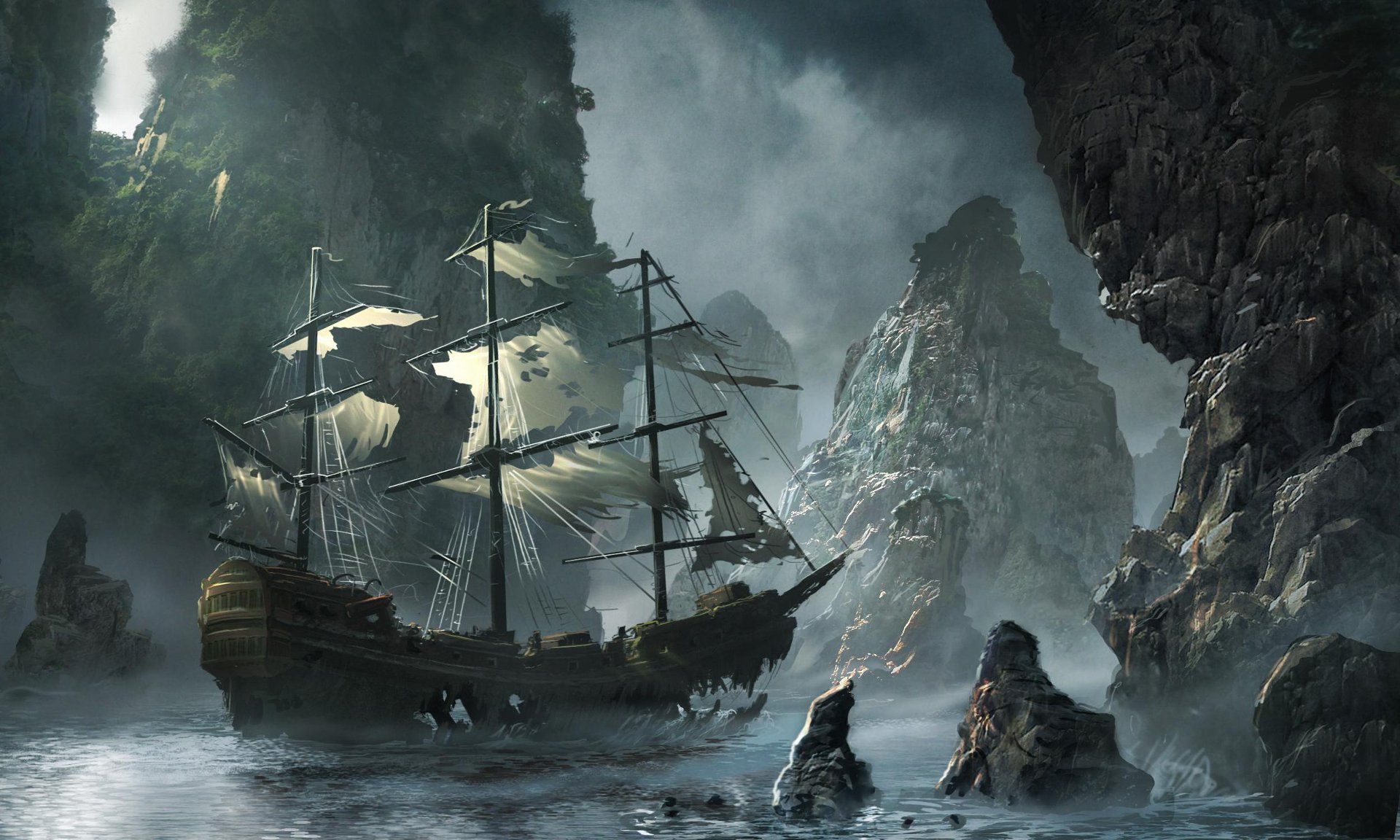 HD desktop wallpaper featuring a detailed wreck of an old sailing ship caught between rocky cliffs under a moody, stormy sky.