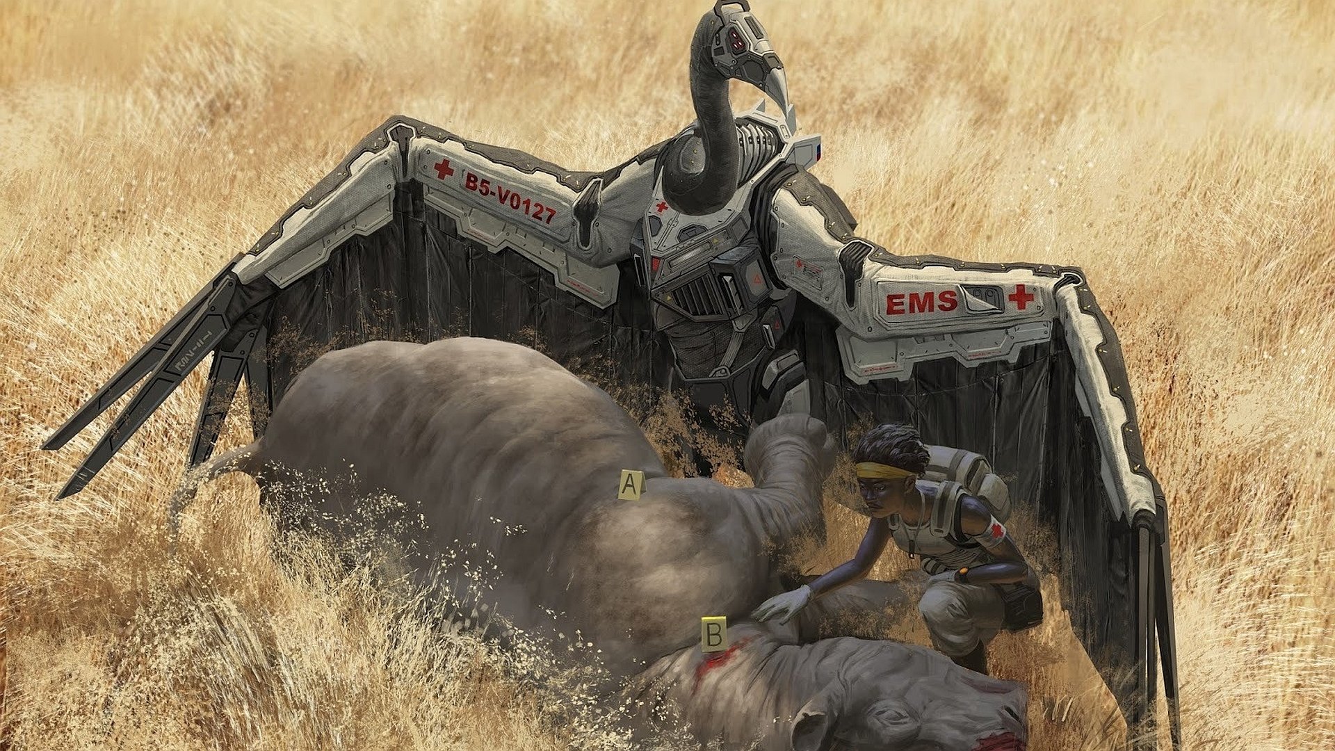 HD PC desktop wallpaper featuring a sci-fi robot with wings marked EMS, tending to an injured animal in a dry grassland.