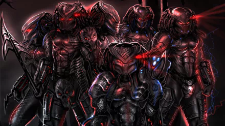HD desktop wallpaper featuring a group of menacing Predators in sci-fi armor, poised for battle under dim, red lighting.