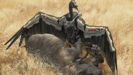 HD PC desktop wallpaper featuring a sci-fi robot with wings marked EMS, tending to an injured animal in a dry grassland.