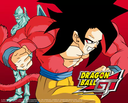 High-definition anime wallpaper featuring characters from Dragon Ball GT, showcasing dynamic action against a vibrant red background.