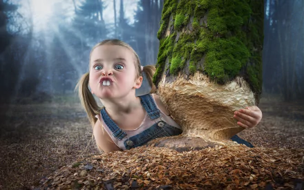 A playful child with pigtails makes a funny face while hugging a tree, surrounded by soft forest light and scattered wood shavings, captured in this HD desktop wallpaper.