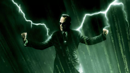 A dynamic HD wallpaper featuring a character from The Matrix Revolutions, surrounded by electric green lightning, embodying the film's intense atmosphere.
