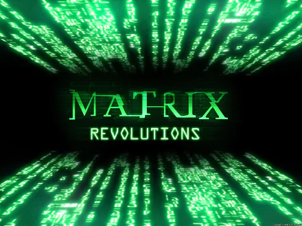 A vibrant HD wallpaper featuring the iconic title Matrix Revolutions against a backdrop of flowing green digital code, representing the universe of The Matrix films.