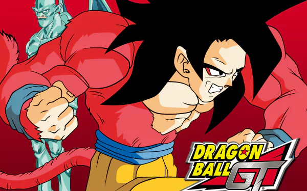 High-definition anime wallpaper featuring characters from Dragon Ball GT, showcasing dynamic action against a vibrant red background.