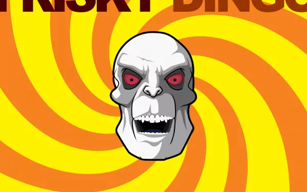 HD desktop wallpaper featuring the skull-faced character and bold text from the TV show Frisky Dingo against a vibrant yellow and orange spiral background.