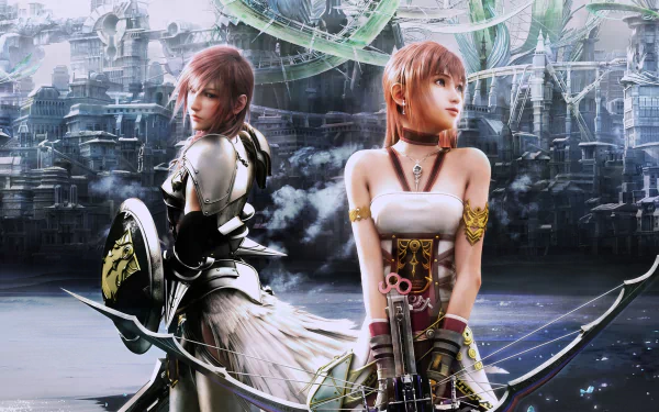 HD PC wallpaper featuring Serah Farron and Lightning from the video game Final Fantasy XIII-2 in a futuristic, detailed background.
