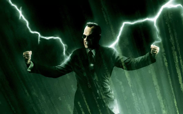 A dynamic HD wallpaper featuring a character from The Matrix Revolutions, surrounded by electric green lightning, embodying the film's intense atmosphere.
