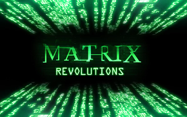 A vibrant HD wallpaper featuring the iconic title Matrix Revolutions against a backdrop of flowing green digital code, representing the universe of The Matrix films.