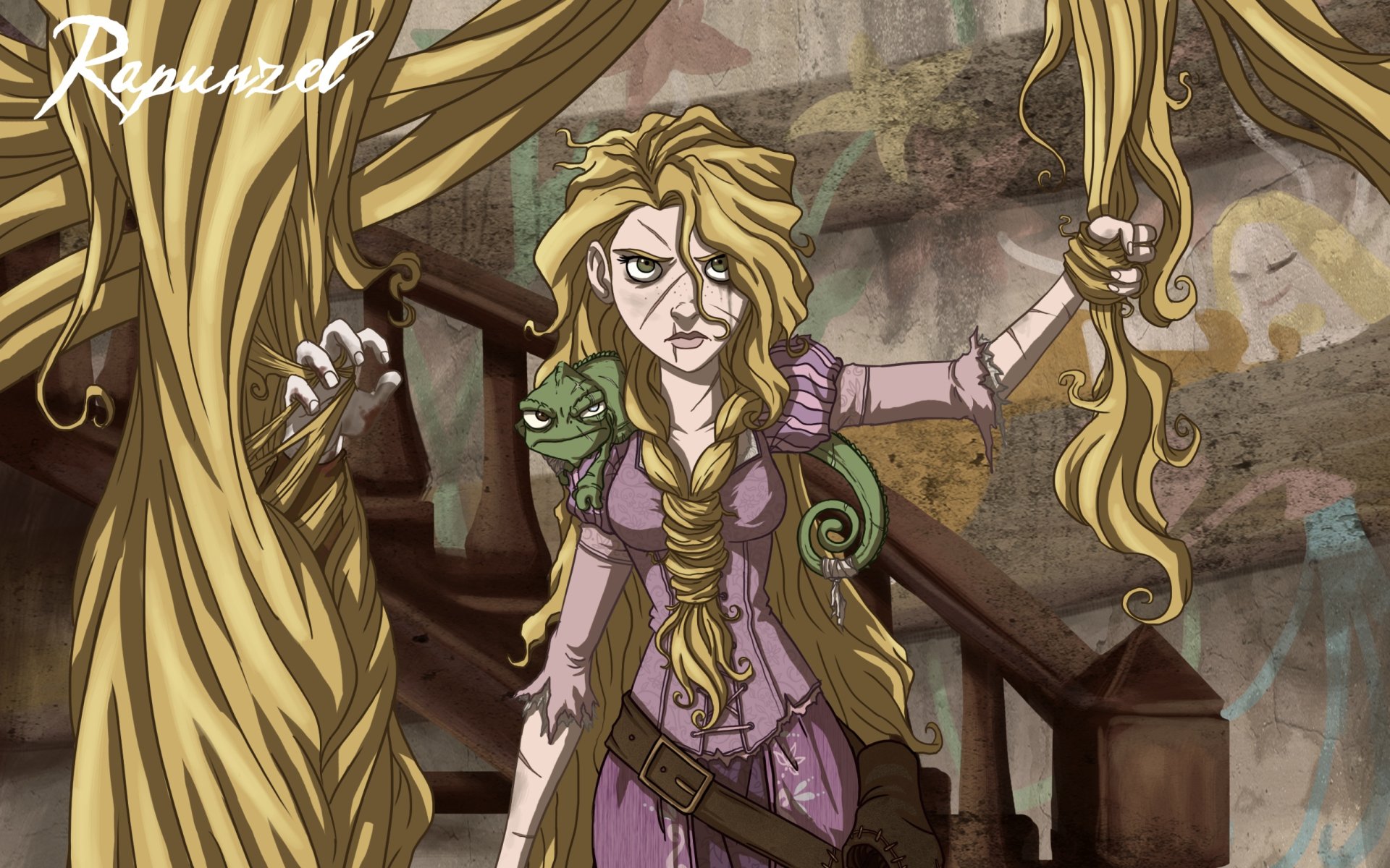 HD fantasy Rapunzel PC wallpaper: grim-faced Rapunzel in a ruined tower, gripping her long braided golden hair, a small green chameleon perched on her shoulder.