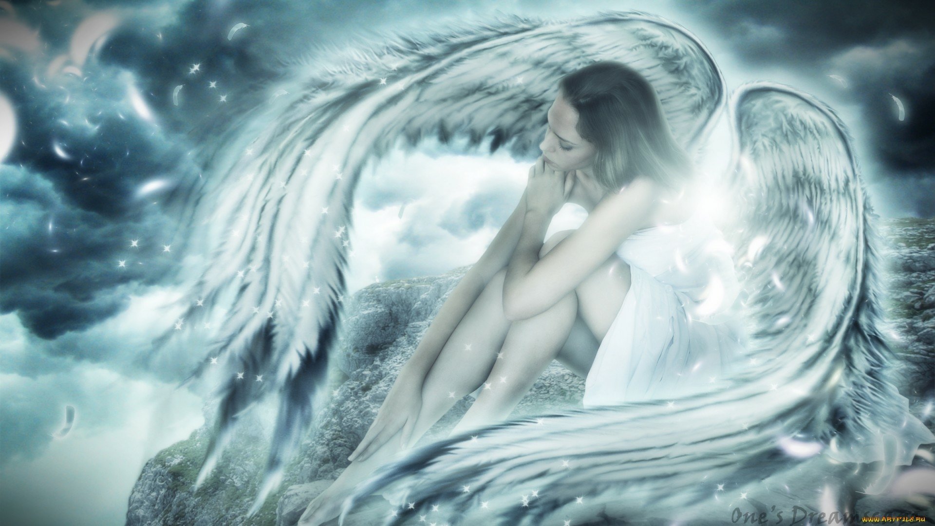 A serene fantasy scene featuring an angel with large, ethereal wings, seated thoughtfully against a backdrop of swirling clouds, creating a captivating HD desktop wallpaper.