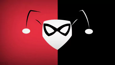 A vibrant HD desktop wallpaper featuring Harley Quinn's iconic mask, set against a striking red and black background, capturing the essence of the comic character's playful yet chaotic spirit.