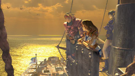 HD PC desktop wallpaper/background from the video game The Legend of Dragoon: three characters lean on a ship's mast, gazing over a golden sea and sunset.