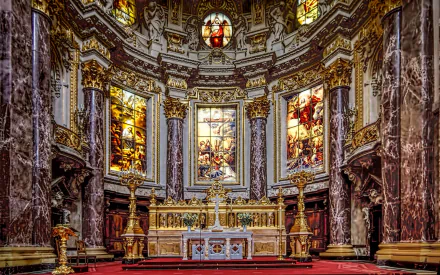 Religious interior of Berlin Cathedral: ornate altar framed by marble columns, gilded details and stained-glass windows — HD PC desktop wallpaper/background.