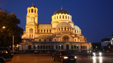 Night view of the illuminated Alexander Nevsky Cathedral in Sofia, captured as an HD PC desktop wallpaper and background.